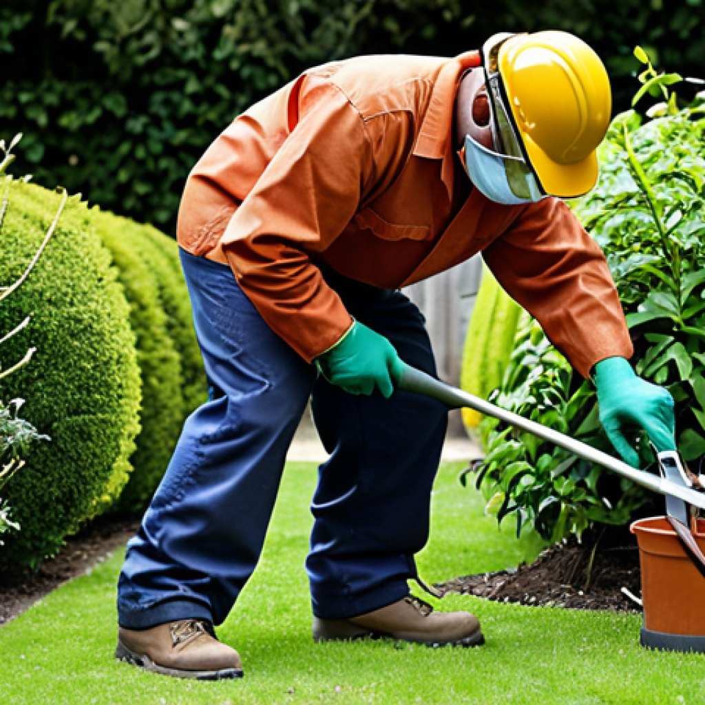 **Gardener wearing full PPE (gloves, safety glasses, mask, boots) carefully handling pruning shears.** Focus on safety and attention to detail.