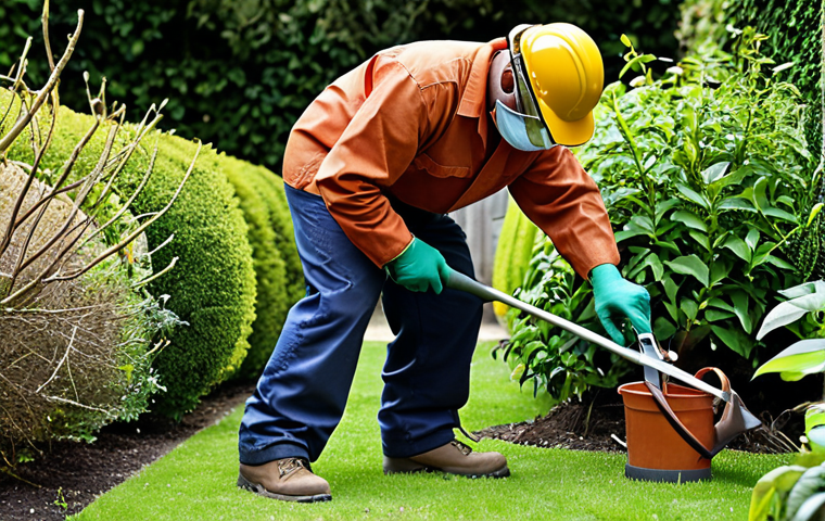 **Gardener wearing full PPE (gloves, safety glasses, mask, boots) carefully handling pruning shears.** Focus on safety and attention to detail.