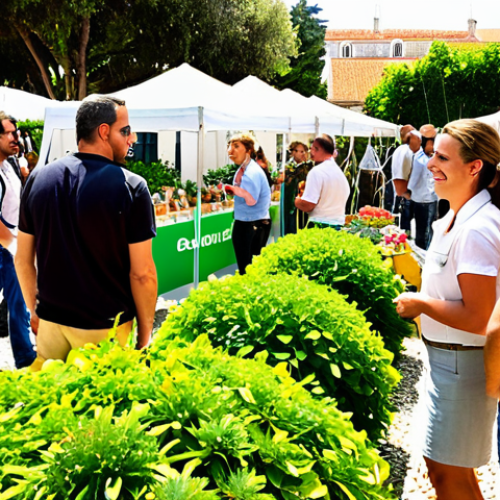 Home 25 ** A vibrant gardening fair in Lisbon, Portugal, filled with professionals, suppliers, and enthusiasts engaging in conversations. Focus on displays of innovative irrigation systems and lush green plants. Capture the energy of networking with business cards being exchanged and smiles all around. Consider a slightly warm filter to convey a sunny, inviting atmosphere.
**