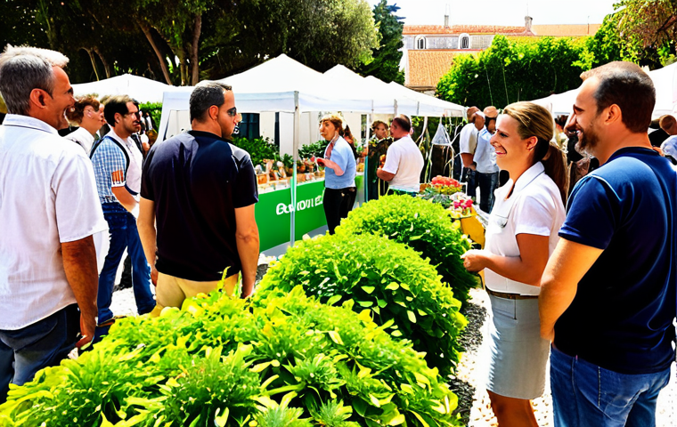 ** A vibrant gardening fair in Lisbon, Portugal, filled with professionals, suppliers, and enthusiasts engaging in conversations. Focus on displays of innovative irrigation systems and lush green plants. Capture the energy of networking with business cards being exchanged and smiles all around. Consider a slightly warm filter to convey a sunny, inviting atmosphere.
**