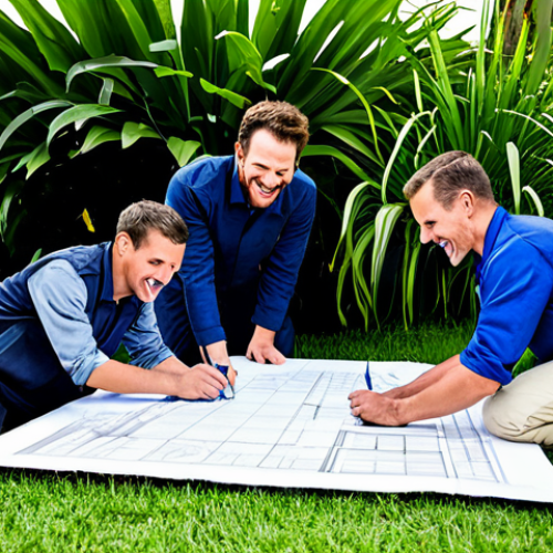 Home 22 **
"A diverse team of landscapers, architects, and electricians collaborating on a garden design plan outdoors, fully clothed in appropriate work attire, reviewing blueprints with smiles, surrounded by plants and tools. Safe for work, professional environment, perfect anatomy, correct proportions, natural pose, well-formed hands, proper finger count, natural body proportions, appropriate content, modest clothing."
**