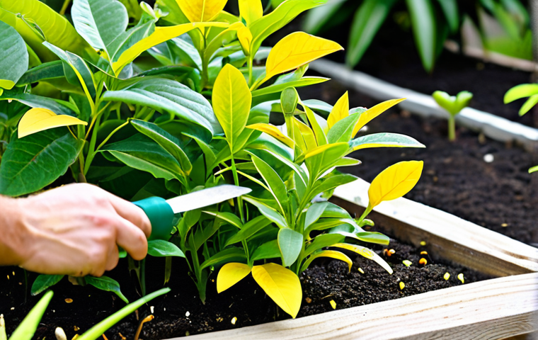 Troubleshooting Garden Problems**
A close-up shot of a gardener examining a plant with yellowing leaves, holding a trowel and a small bottle labeled "Neem Oil." The background is a well-maintained garden with healthy plants. Include a small, helpful chart visible nearby, listing common problems like "Yellow Leaves," "Aphids," "Fungus," and "Slow Growth" along with their causes and solutions, similar to the provided table. The scene should be brightly lit, professional, and showcase good plant health practices. safe for work, appropriate content, fully clothed gardener in gardening attire, perfect anatomy, natural proportions, professional photography, high quality.
**