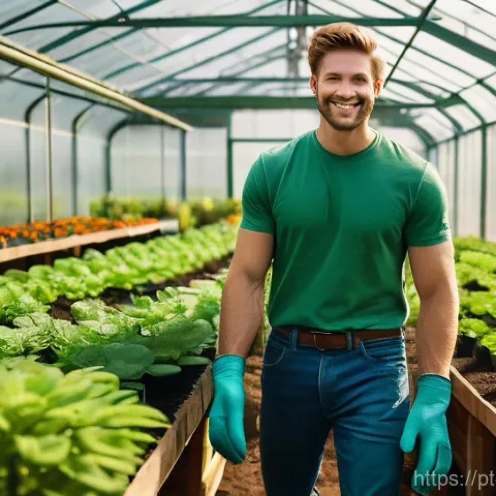 조경 실기 시험 합격 후기 - A medium shot featuring a young, enthusiastic landscaper (wearing sturdy denim work pants, a practic...