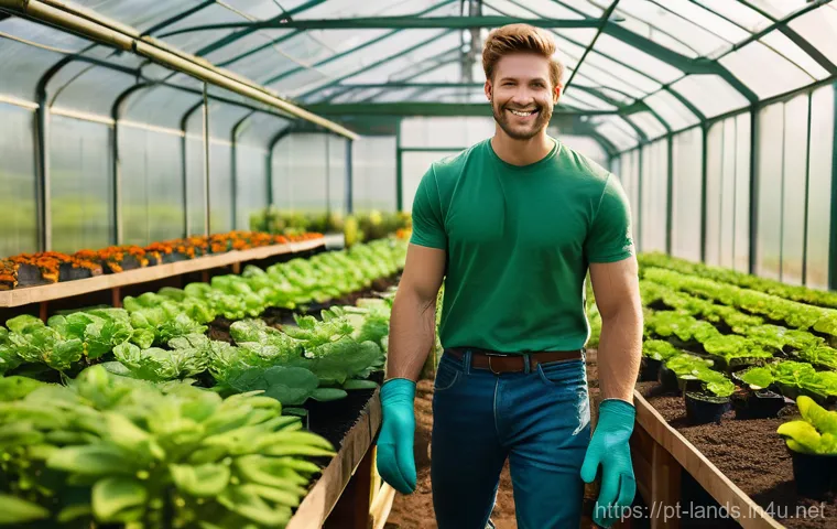 조경 실기 시험 합격 후기 - A medium shot featuring a young, enthusiastic landscaper (wearing sturdy denim work pants, a practic...