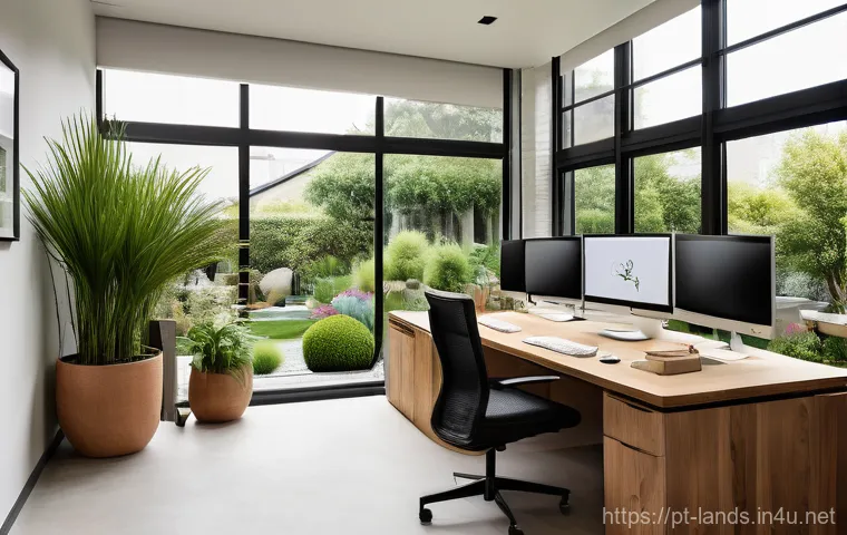 조경 실기 시험 합격 후기 - A medium shot featuring a young, enthusiastic landscaper (wearing sturdy denim work pants, a practic...