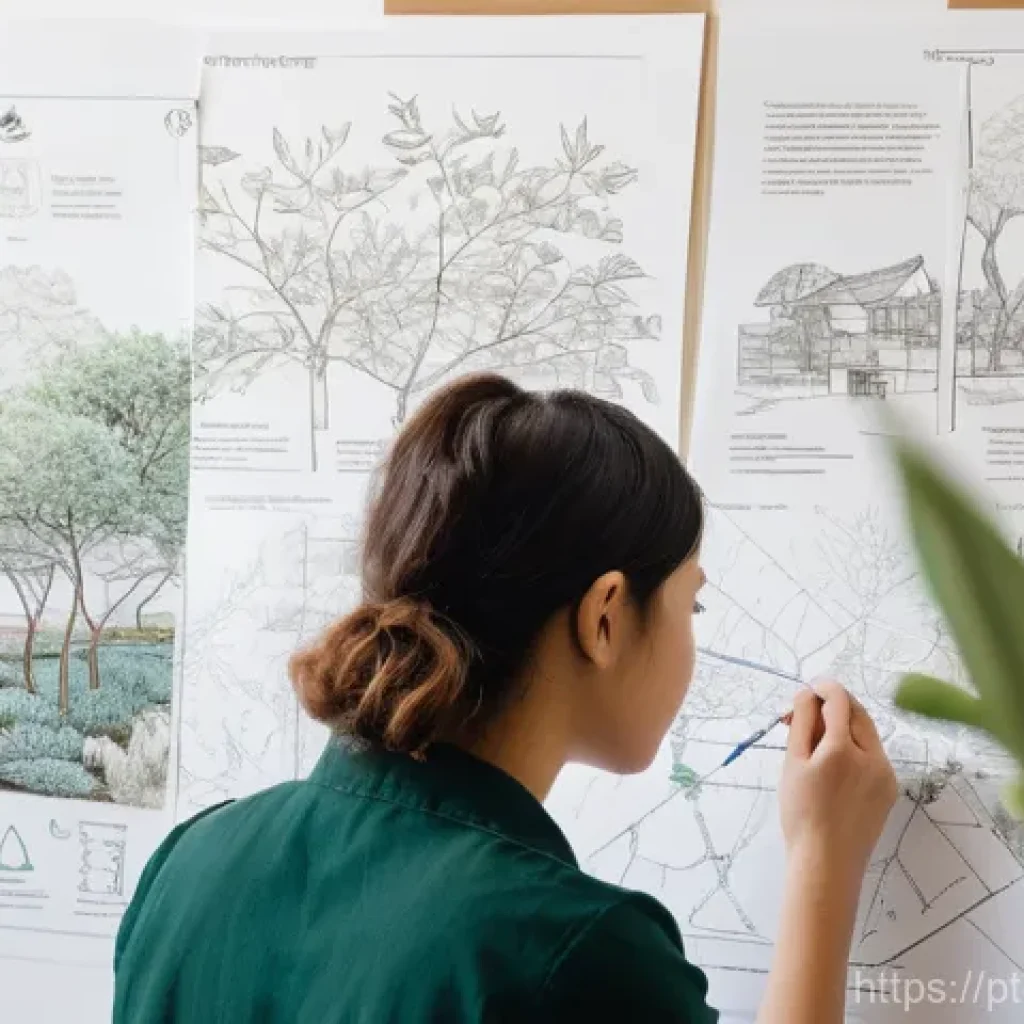 조경 이론 공부에서 효과적인 암기법 - A bright and inspiring close-up of a young female landscape architecture student (around 20-25 years...