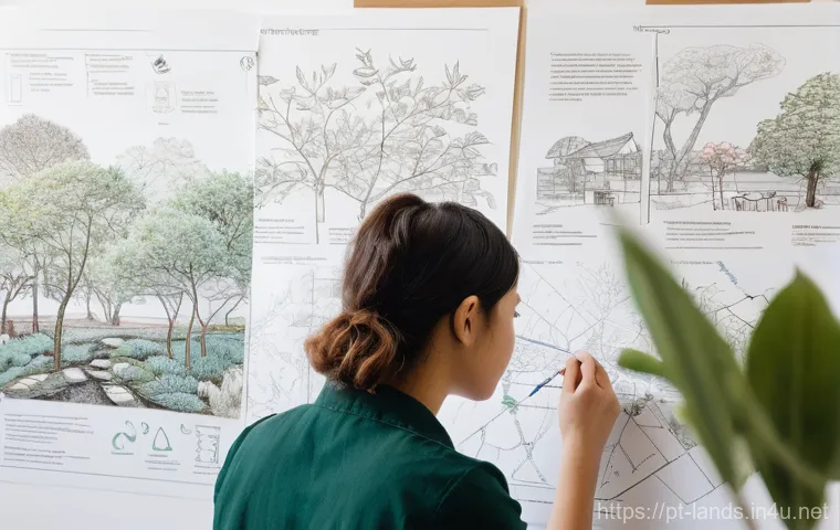 조경 이론 공부에서 효과적인 암기법 - A bright and inspiring close-up of a young female landscape architecture student (around 20-25 years...