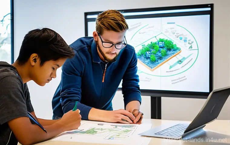 조경 이론 공부에서 효과적인 암기법 - A contemplative scene featuring an experienced landscape architect (30-40 years old, dressed in smar...