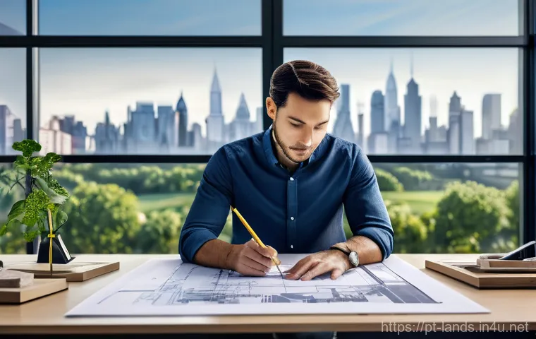 조경 자격증 시험장의 분위기 - **Prompt:** A focused landscape architecture student, approximately 20-25 years old, sits comfortabl...