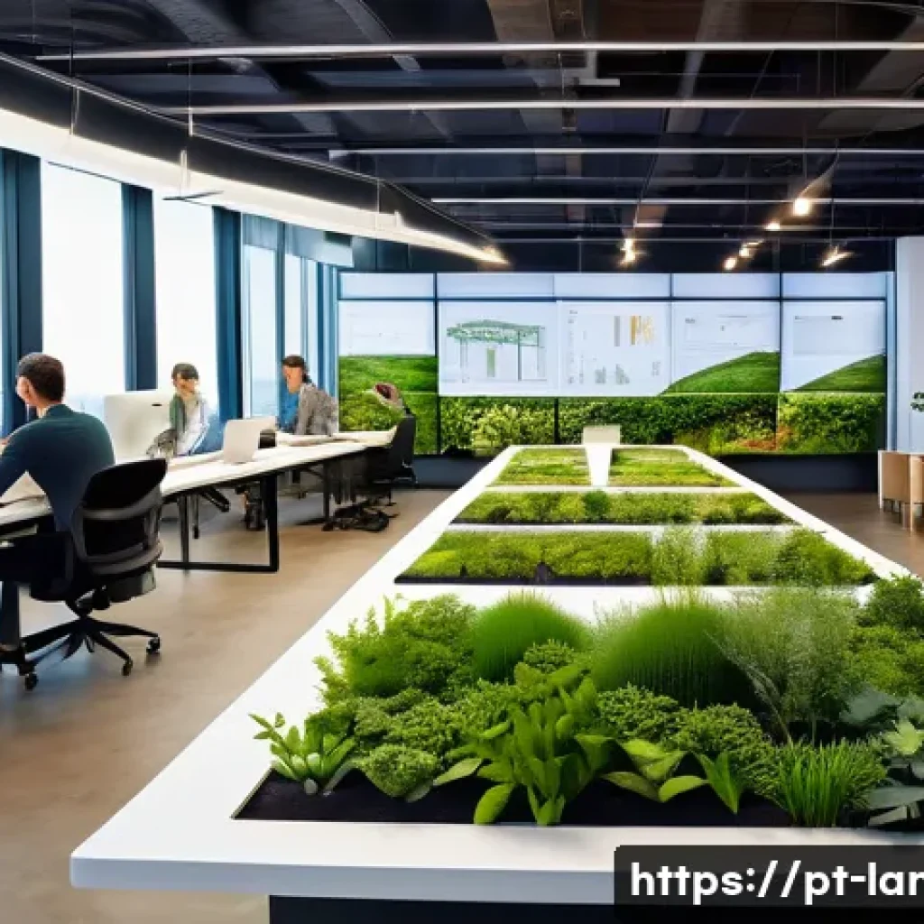 조경 회사 취업에 유리한 조건 - A modern urban landscape design office with a diverse team of professionals collaborating around a l...