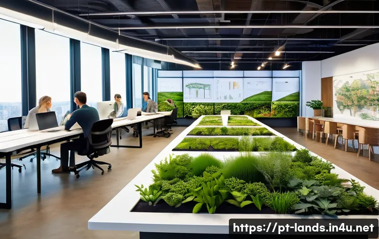 조경 회사 취업에 유리한 조건 - A modern urban landscape design office with a diverse team of professionals collaborating around a l...