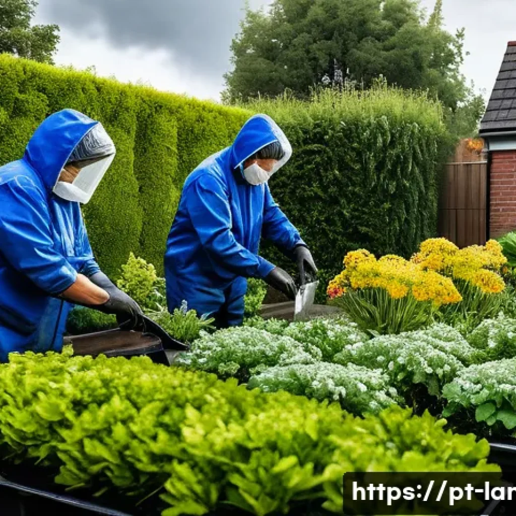 조경 현장에서 발생하는 돌발 상황 대처법 - A professional landscaping team working outdoors under a cloudy sky with visible dark storm clouds o...
