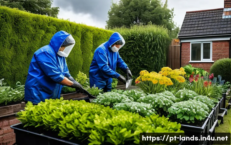 조경 현장에서 발생하는 돌발 상황 대처법 - A professional landscaping team working outdoors under a cloudy sky with visible dark storm clouds o...