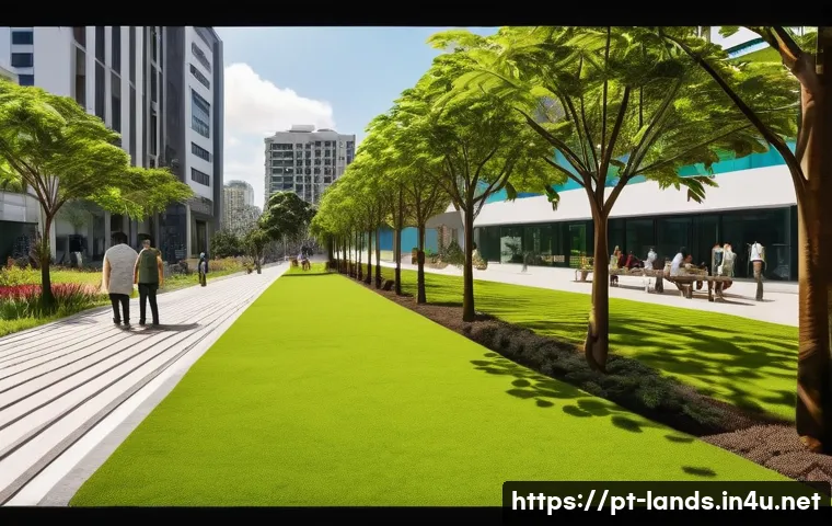조경직 공무원 준비 과정 - A detailed urban public park scene showcasing sustainable landscaping practices in a Brazilian city ...