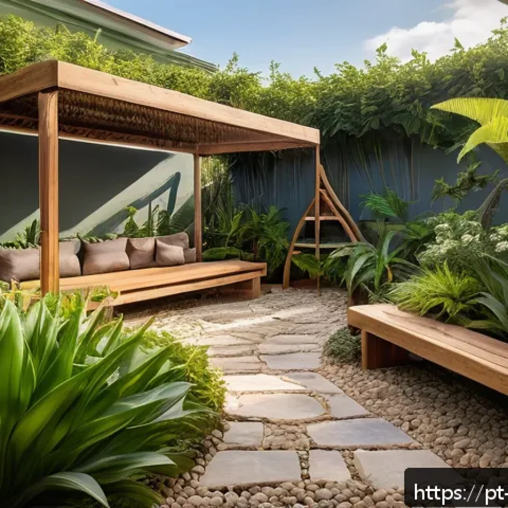 조경 관련 창의적인 아이디어 - A vibrant sustainable garden scene in a Brazilian residential backyard, featuring a diverse mix of n...