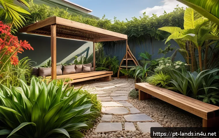 조경 관련 창의적인 아이디어 - A vibrant sustainable garden scene in a Brazilian residential backyard, featuring a diverse mix of n...