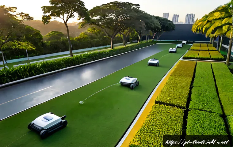 Home 15 조경 관련 기술 트렌드 분석 - Photorealistic aerial view of a sustainable urban park in São Paulo, Brazil, featuring autonomous el...